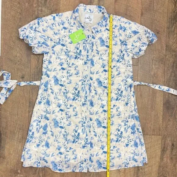 Sam Edelman Floral Embroidered Eyelet Puff Sleeve Mini Shirtdress White Blue, 14 - Picture 11 of 13